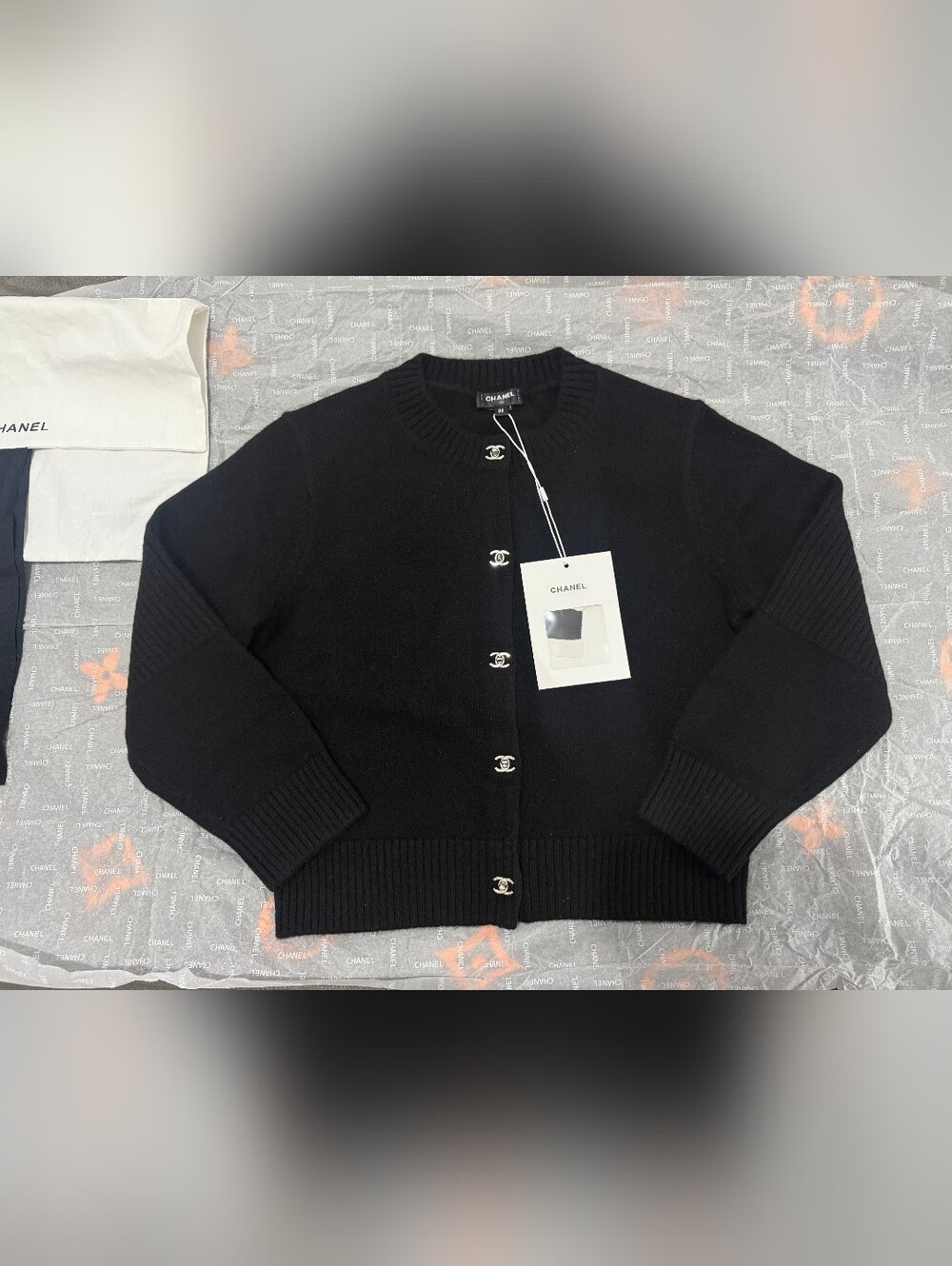 Chanel Black Crewneck Button Cashmere Cardigan Sweater